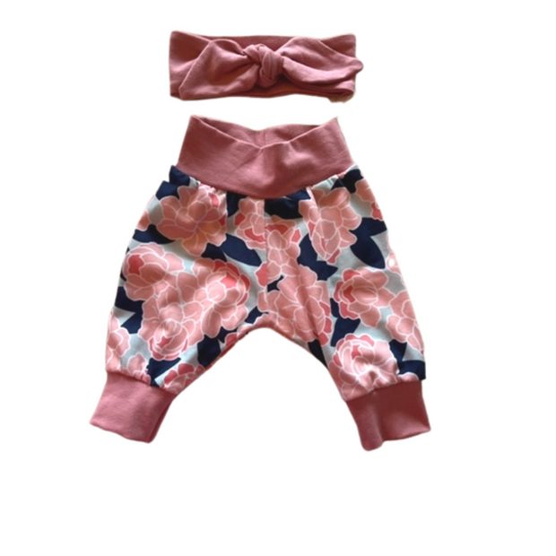 Baby Girl Peony pants and bow-Aqua, Navy and Mauve/Pink