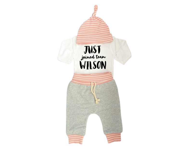 baby jogger outfit Personalized Classic Just Joined Team Jogger and Hat Baby Outfit-Mauve Pink