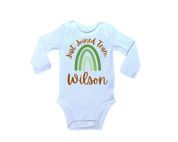 Gender Neutral Baby Boy or Girl Just Joined Team Bodysuit-Green and brown Rainbow
