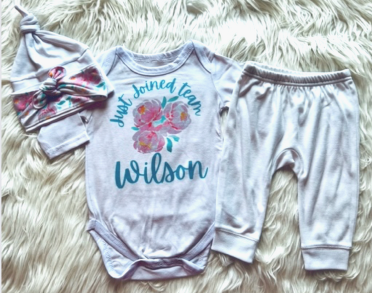 Personalized Baby Girl Just Joined Team Pink and Aqua Peony Set
