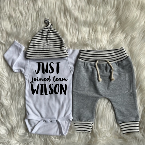 Personalized Classic Just Joined Team Jogger and Hat Baby Outfit