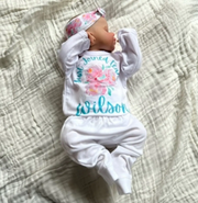 Personalized Baby Girl Just Joined Team Pink and Aqua Peony Set