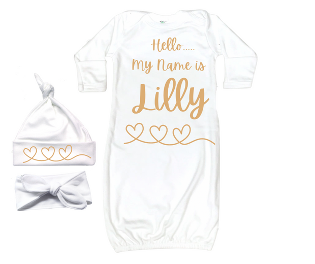 Personalized Baby Girl Gown Set in White- Hello I am