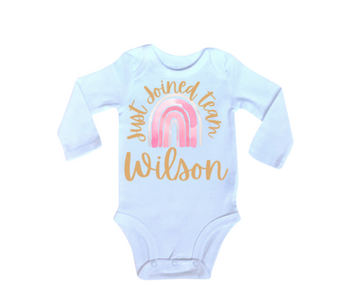 Baby Girl Just Joined Team Bodysuit-Pink and Gold Rainbow