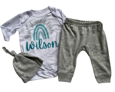 Personalized Gender Neutral Classic Just Joined Team Baby Set-Aqua Rainbow with gray