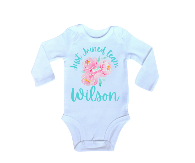 Baby Girl Just Joined Team Bodysuit-Peony in Pink and Aqua