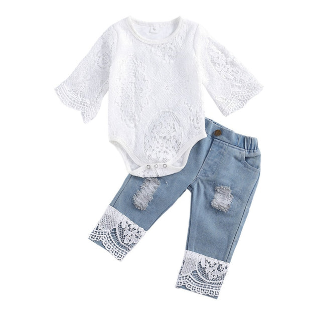 Baby Girl Long Sleeve Lace Romper and Jean 2Pcs Outfit 0-24 months